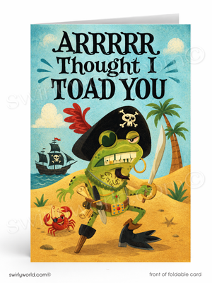 Card with a pirate toad character on a beach with palm trees and a ship in the background.