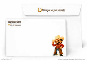 Envelopes with cowboy character and customizable text on a white background