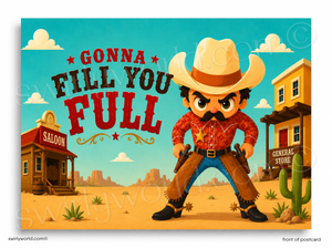 Cartoon cowboy character with text 'Gonna Fill You Full' in a western-themed setting.
