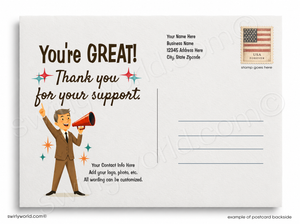 Postcard with a man holding a megaphone and text 'You're GREAT! Thank you for your support.'