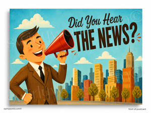 Vintage-style illustration of a man with a megaphone in front of a cityscape, with text 'Did You Hear The News?'