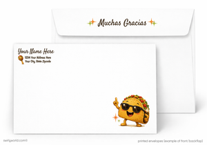 Envelopes with a taco character and 'Muchas Gracias' text on a white background