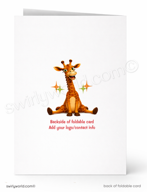 Backside of a foldable card with a cartoon giraffe and space for customization on a white background.