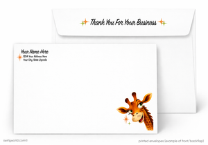 Greeting card with a giraffe illustration and 'Thank You For Your Business' text on a white background.