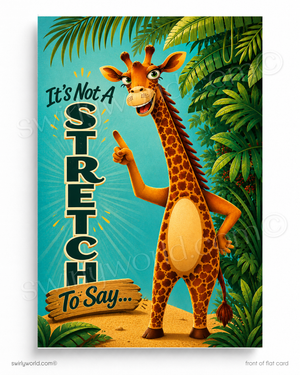 Cartoon giraffe with text 'It's Not A Stretch To Say' against a tropical background