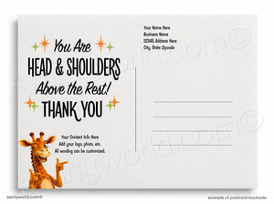 Greeting card with a giraffe illustration and customizable text area on a white background.