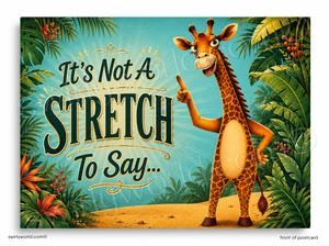 Cartoon giraffe with a humorous quote in a jungle setting