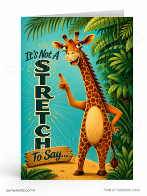 Cartoon giraffe in a jungle setting with text 'It's Not A Stretch To Say' on a blue background.
