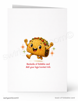 Backside of a foldable card with a cartoon taco character on a white background