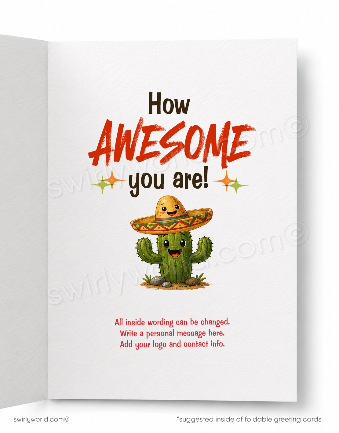 Card with a cartoon taco with vintage-inspired artwork giving a thumbs up on a yellow background with text 'Let's Taco Bout'.
