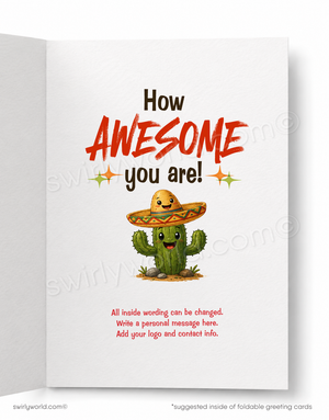 Greeting card with a cactus wearing a sombrero and text 'How AWESOME you are!' on a white background.