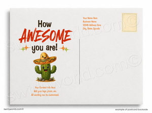 Postcard with a cactus wearing a sombrero and text 'How AWESOME you are!' on a white background.