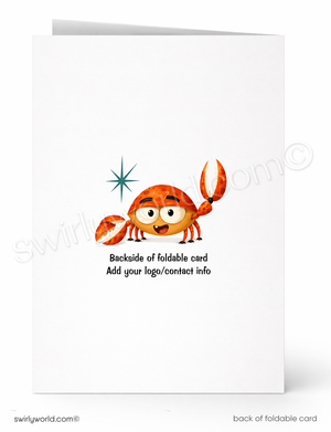 A folded white card shown front and back on a white background. The front has a cartoon orange crab with a blue starburst and placeholder text.