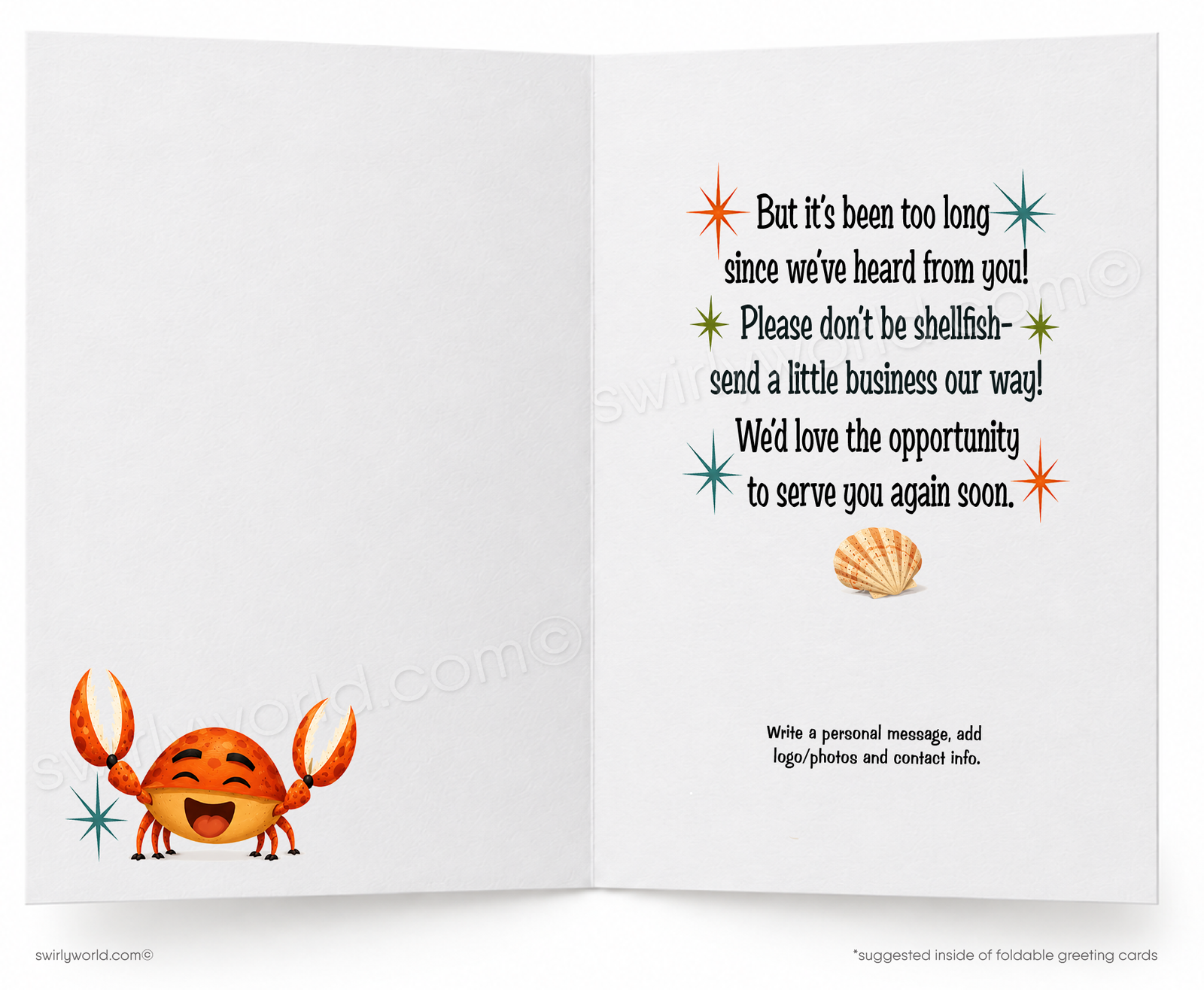 A folded greeting card shown front-on against a white background. The card features a tropical beach illustration with a cartoon crab on sand, palm tree, blue water, and the text 'We don't want to sound CRABBY.