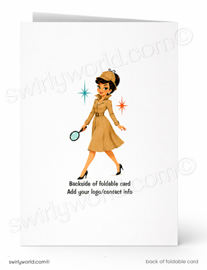A white foldable greeting card shown front and back. The front features a retro-style illustration of a woman in a tan trench coat and hat walking with a magnifying glass, with small starburst accents and the text 'Backside of foldable card Add your logo/contact info.
