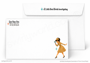 A printed stationery set showing the front and back of a white envelope with a matching card. The card has placeholder text and a small retro-style illustration of a woman in a tan dress holding a magnifying glass near the lower right corner.