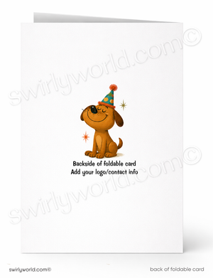 A white foldable greeting card shown front and back on a white background. The front features a cartoon brown dog wearing a colorful party hat with small star accents, and placeholder text reading 'Backside of foldable card Add your logo/contact info.