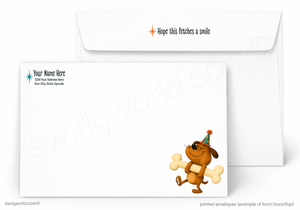 Personalized printed envelopes shown on a white background, with one envelope open behind a closed card. The card has a cartoon brown dog wearing a party hat and carrying a bone near the bottom right, and sample text fields on the left.