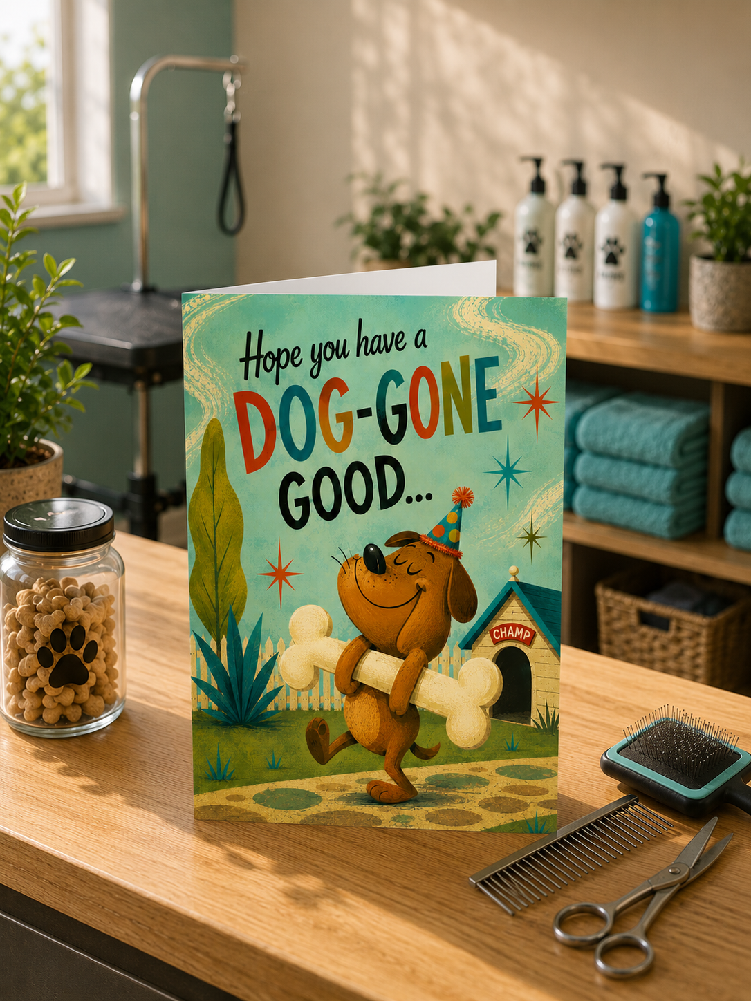 A folded greeting card shown front-on against a white background. The card features a retro-style illustration of a brown dog carrying a large bone, with the text 'Hope you have a DOG-GONE GOOD.