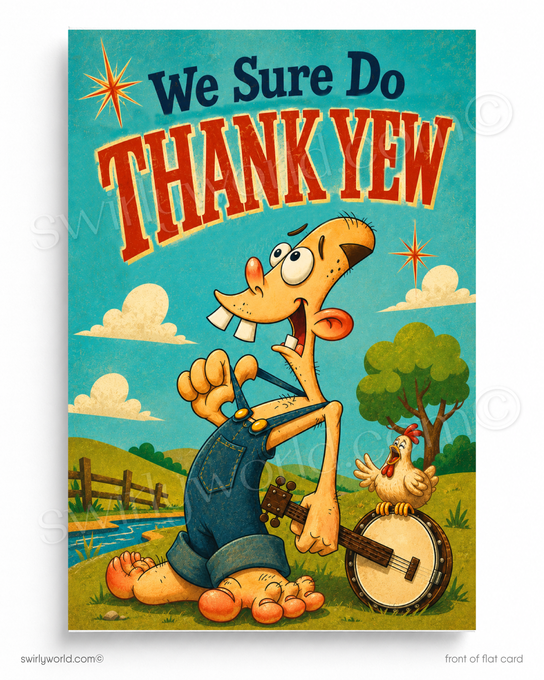 Cartoon character with a banjo and chicken, text 'We Sure Do Thank Yew' on a colorful background