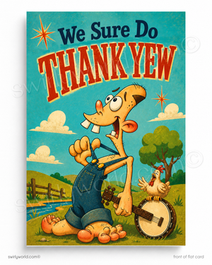 Cartoon character with a banjo and chicken, text 'We Sure Do Thank Yew' on a colorful background