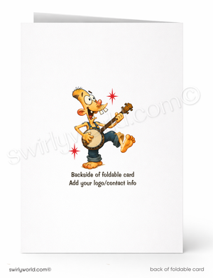 Backside of a foldable card with a cartoon character playing a banjo on a white background.