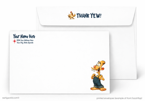 Cartoon character on a card with 'Thank Yew!' text and envelope.