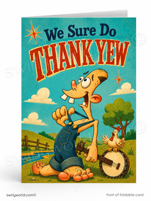 Vintage-style greeting card with cartoon dog and chicken playing banjo, text 'We Sure Do THANK YEW', and landscape background.