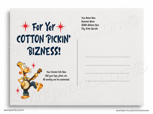 Cartoon character playing a banjo on a white background with text 'For Yer Cotton Pickin' Bizness!'.