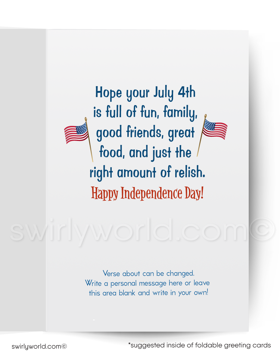 Cartoon hot dog character with American flag hat and grill on a blue background with 'Quite Frankly' text.