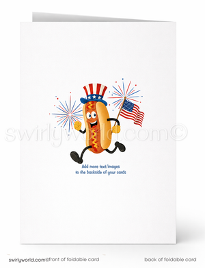 Card with a cartoon hot dog character wearing an American flag hat and holding a flag, with fireworks in the background.