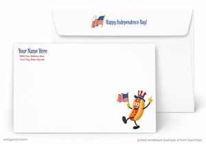 Independence Day themed letterhead with cartoon character holding an American flag and envelope.