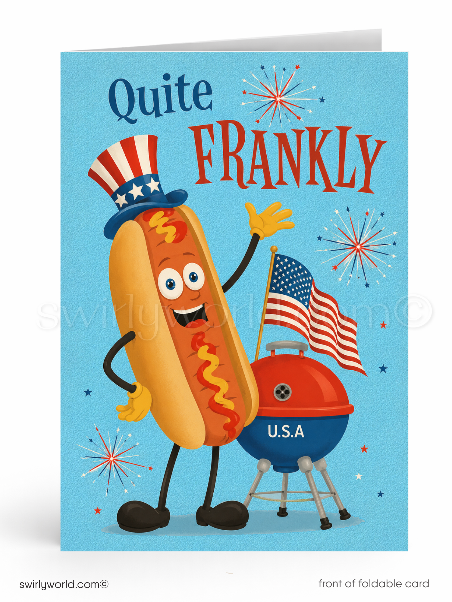 Cartoon hot dog character with American flag hat and grill on a blue background with 'Quite Frankly' text.
