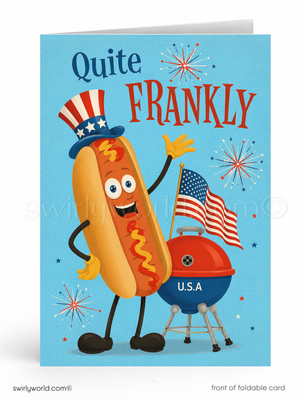 Cartoon hot dog character with American flag hat and grill on a blue background with 'Quite Frankly' text.