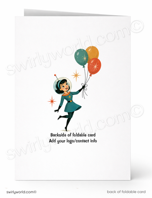 A folded greeting card shown front and back on a white background. The front features a retro-style illustration of a woman in a space helmet floating with colorful balloons, and the back text reads 'Backside of foldable card' and 'Add your logo/contact info'.