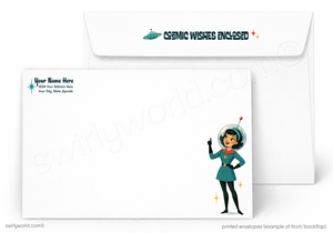 A printed envelope set shown on a white background, with the front of the main envelope in front and a second envelope behind it. The front envelope features a retro astronaut illustration in teal, black, and yellow, plus sample text fields on the left.