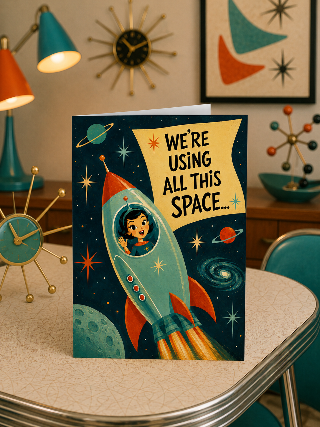 A foldable greeting card shown upright on a white background. The card front features a retro space illustration with a teal rocket carrying a child astronaut, planets, stars, and a yellow banner that reads, 'WE'RE USING ALL THIS SPACE.
