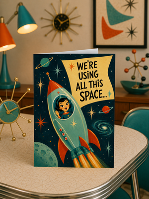 A retro-themed space-themed greeting card featuring a cartoon rocket ship with a child inside and the text 'WE'RE USING ALL THIS SPACE.
