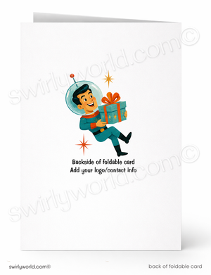 A folded greeting card shown front and back on a white background. The front features a retro astronaut holding a gift box with stars, and the back has placeholder text reading 'Backside of foldable card' and 'Add your logo/contact info'.