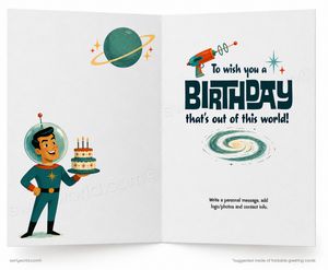 An open greeting card shown front and back on a white background. The left panel features a retro space-themed birthday illustration with a cartoon astronaut holding a birthday cake, a ringed planet, stars, and the text 'To wish you a BIRTHDAY that out of this world!'.