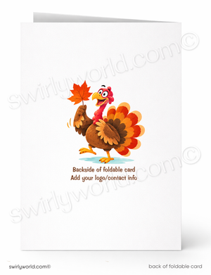 A white foldable greeting card shown front and back. The front features a cartoon turkey holding an orange leaf, with placeholder text below.
