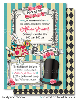 Host a whimsical baby shower with Swirly World's Alice in Wonderland Mad Hatter's Tea Party Invitation Set. Featuring vintage Victorian style, rosie pink and teal blue colors, and classic fairytale illustrations. Editable on Corjl for a personalized touch. Includes invites, thank you cards, and envelopes.