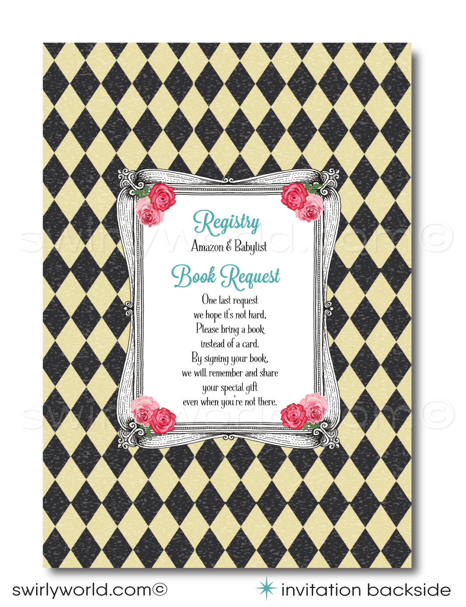 Host a whimsical baby shower with Swirly World's Alice in Wonderland Mad Hatter's Tea Party Invitation Set. Featuring vintage Victorian style, rosie pink and teal blue colors, and classic fairytale illustrations. Editable on Corjl for a personalized touch. Includes invites, thank you cards, and envelopes.