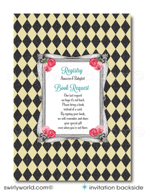 Host a whimsical baby shower with Swirly World's Alice in Wonderland Mad Hatter's Tea Party Invitation Set. Featuring vintage Victorian style, rosie pink and teal blue colors, and classic fairytale illustrations. Editable on Corjl for a personalized touch. Includes invites, thank you cards, and envelopes.