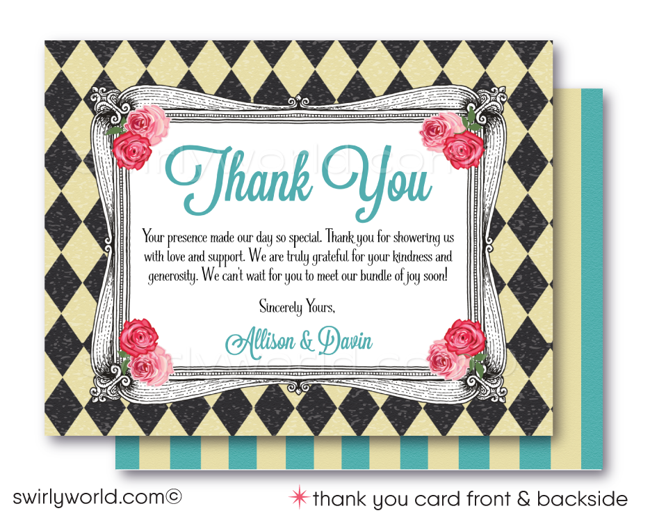 Host a whimsical baby shower with Swirly World's Alice in Wonderland Mad Hatter's Tea Party Invitation Set. Featuring vintage Victorian style, rosie pink and teal blue colors, and classic fairytale illustrations. Editable on Corjl for a personalized touch. Includes invites, thank you cards, and envelopes.