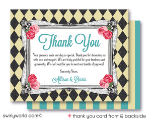 Host a whimsical baby shower with Swirly World's Alice in Wonderland Mad Hatter's Tea Party Invitation Set. Featuring vintage Victorian style, rosie pink and teal blue colors, and classic fairytale illustrations. Editable on Corjl for a personalized touch. Includes invites, thank you cards, and envelopes.