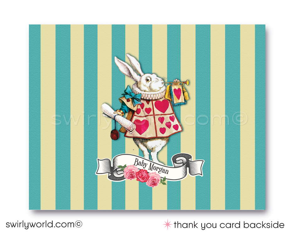 Host a whimsical baby shower with Swirly World's Alice in Wonderland Mad Hatter's Tea Party Invitation Set. Featuring vintage Victorian style, rosie pink and teal blue colors, and classic fairytale illustrations. Editable on Corjl for a personalized touch. Includes invites, thank you cards, and envelopes.