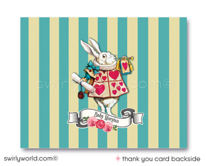Host a whimsical baby shower with Swirly World's Alice in Wonderland Mad Hatter's Tea Party Invitation Set. Featuring vintage Victorian style, rosie pink and teal blue colors, and classic fairytale illustrations. Editable on Corjl for a personalized touch. Includes invites, thank you cards, and envelopes.