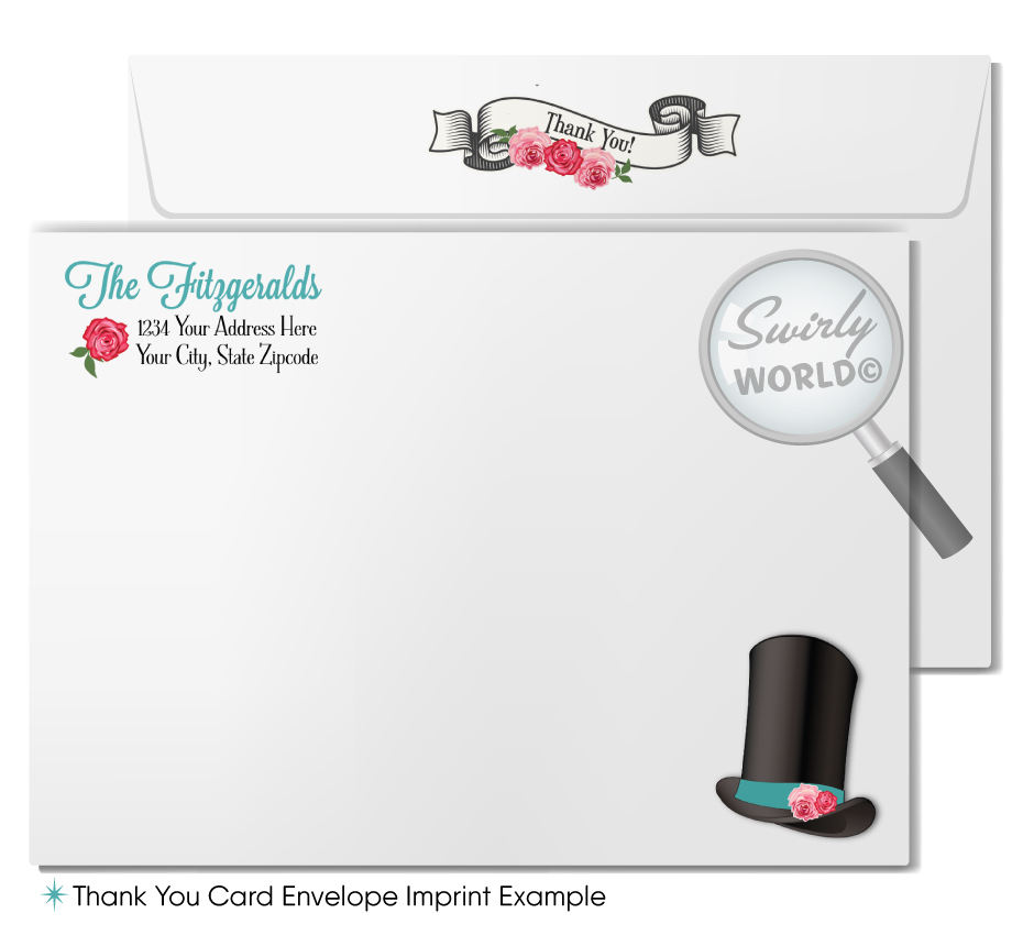 Host a whimsical baby shower with Swirly World's Alice in Wonderland Mad Hatter's Tea Party Invitation Set. Featuring vintage Victorian style, rosie pink and teal blue colors, and classic fairytale illustrations. Editable on Corjl for a personalized touch. Includes invites, thank you cards, and envelopes.