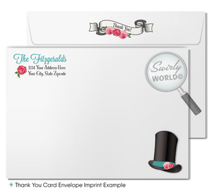 Host a whimsical baby shower with Swirly World's Alice in Wonderland Mad Hatter's Tea Party Invitation Set. Featuring vintage Victorian style, rosie pink and teal blue colors, and classic fairytale illustrations. Editable on Corjl for a personalized touch. Includes invites, thank you cards, and envelopes.